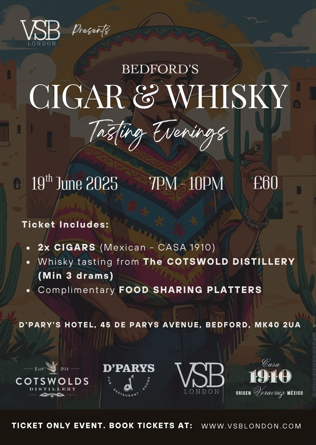 Cigar & Whisky Tasting Evening Ticket - 19th June 2025 - Bedford - VSB London