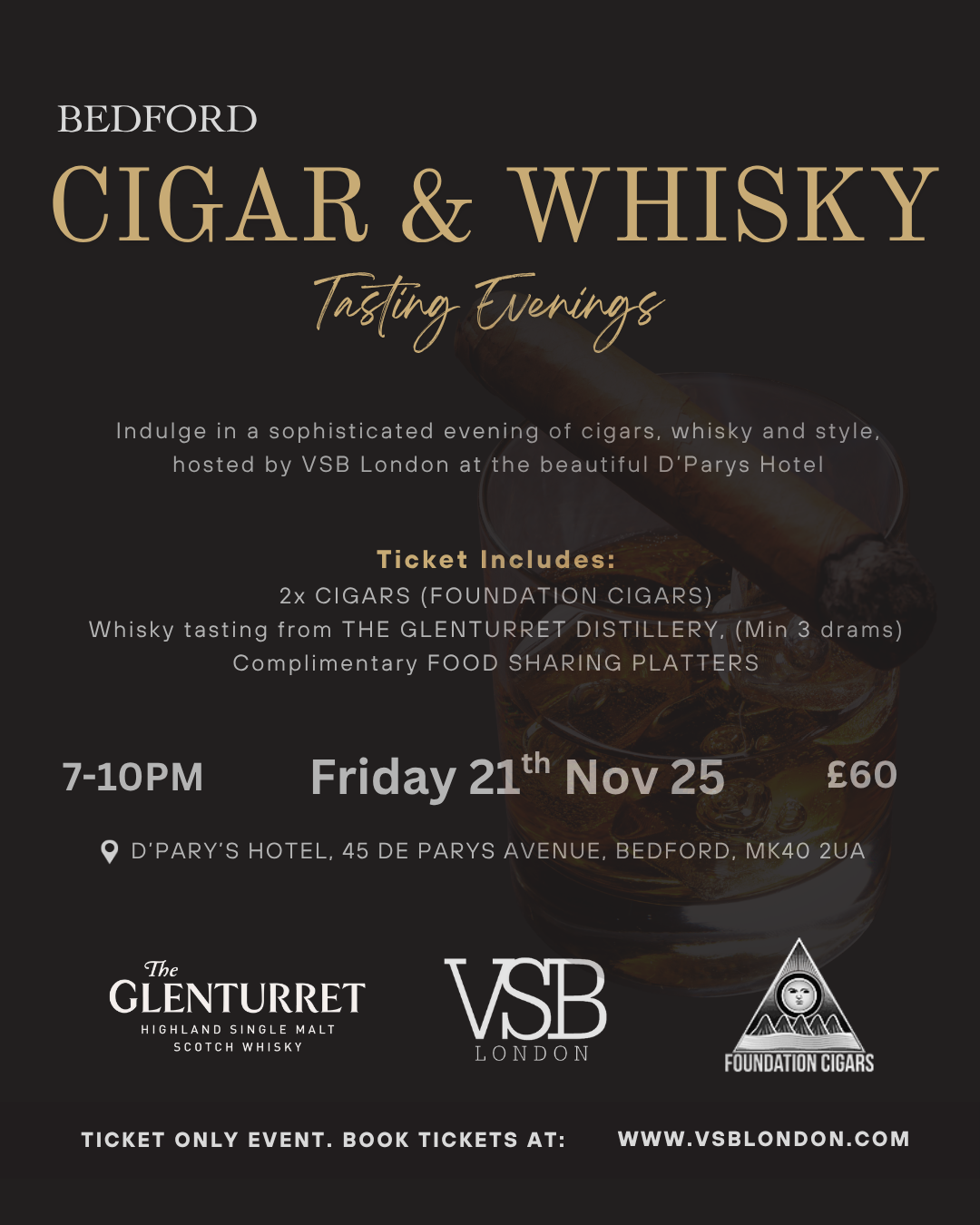 Cigar & Whisky Tasting Evening Ticket - 21st November 2025 - Bedford - VSB London