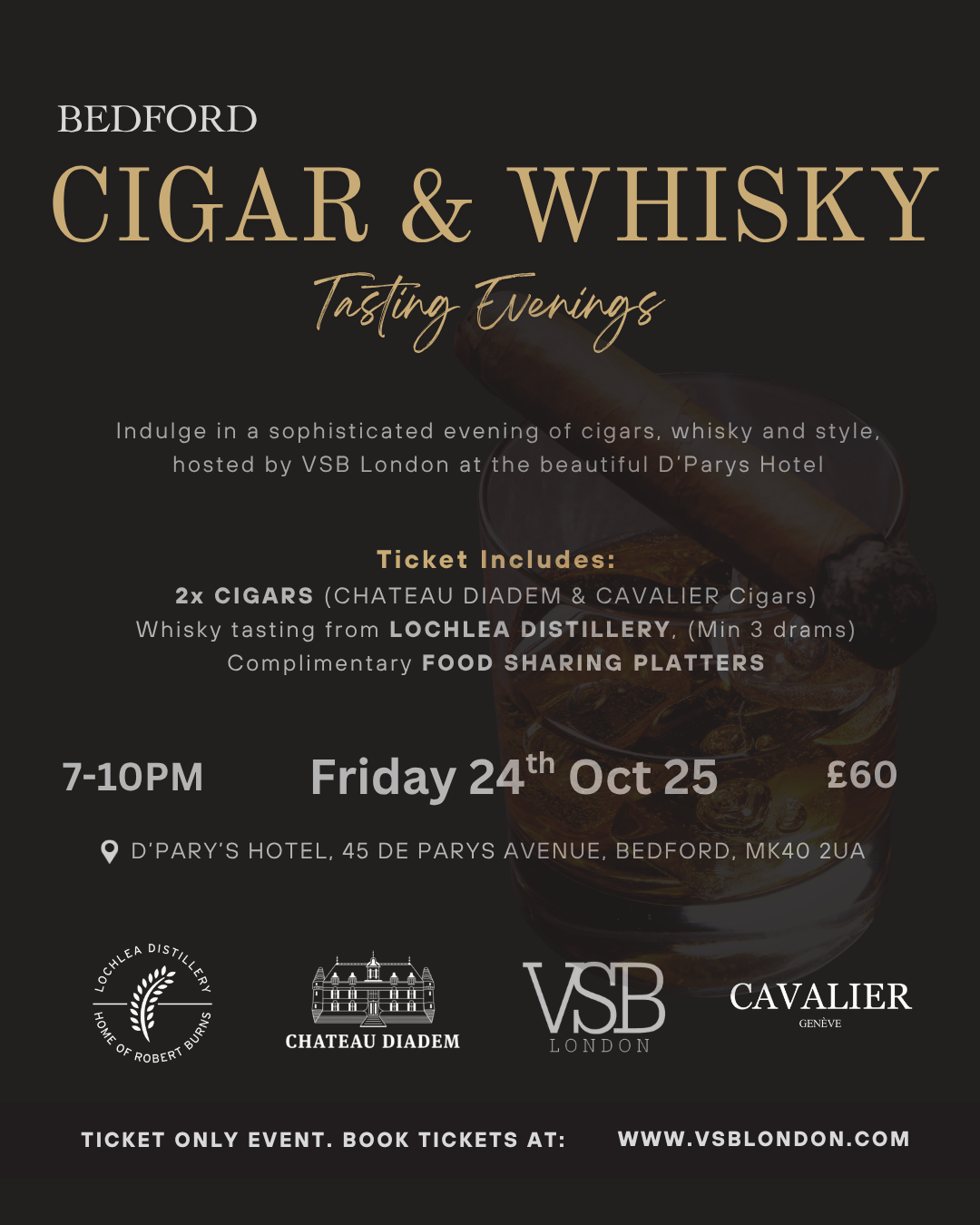 Cigar & Whisky Tasting Evening Ticket - 24th October 2025 - Bedford