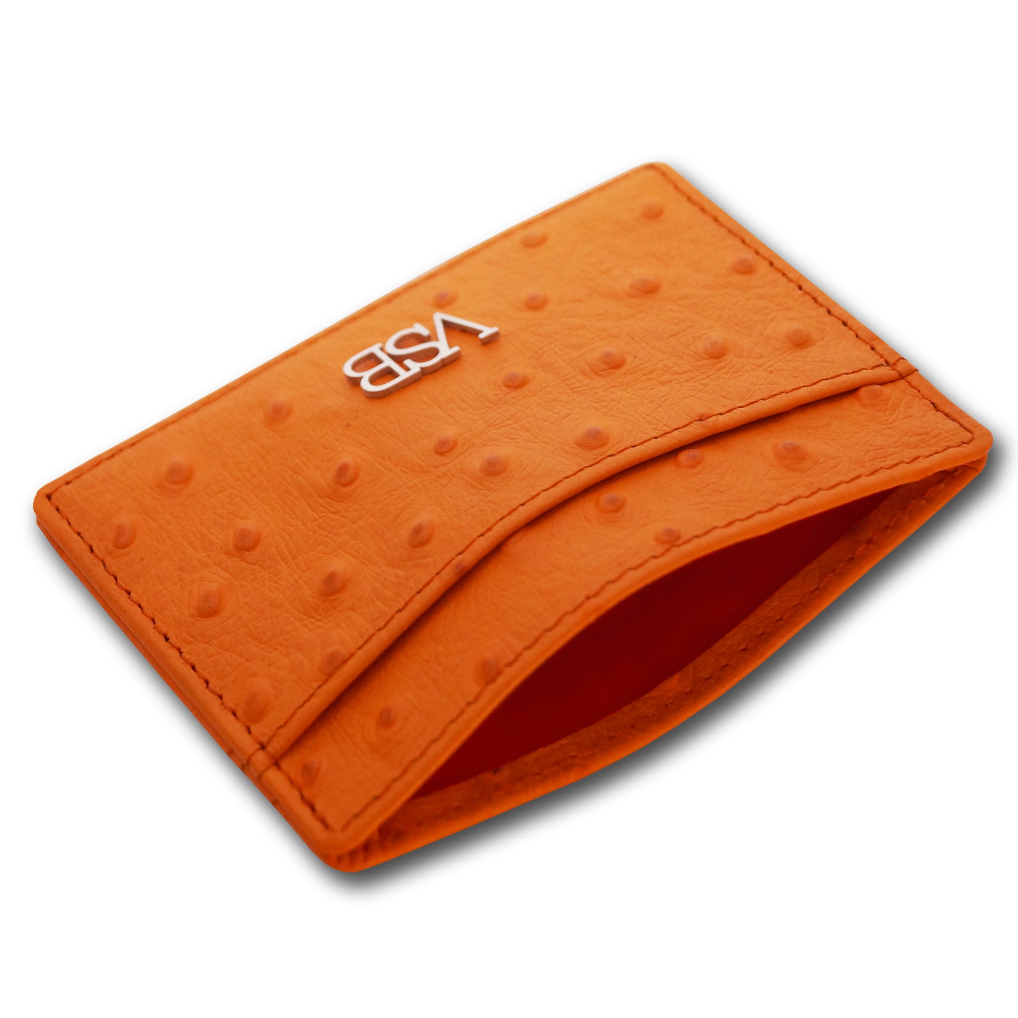 Card holder in orange ostrich leather